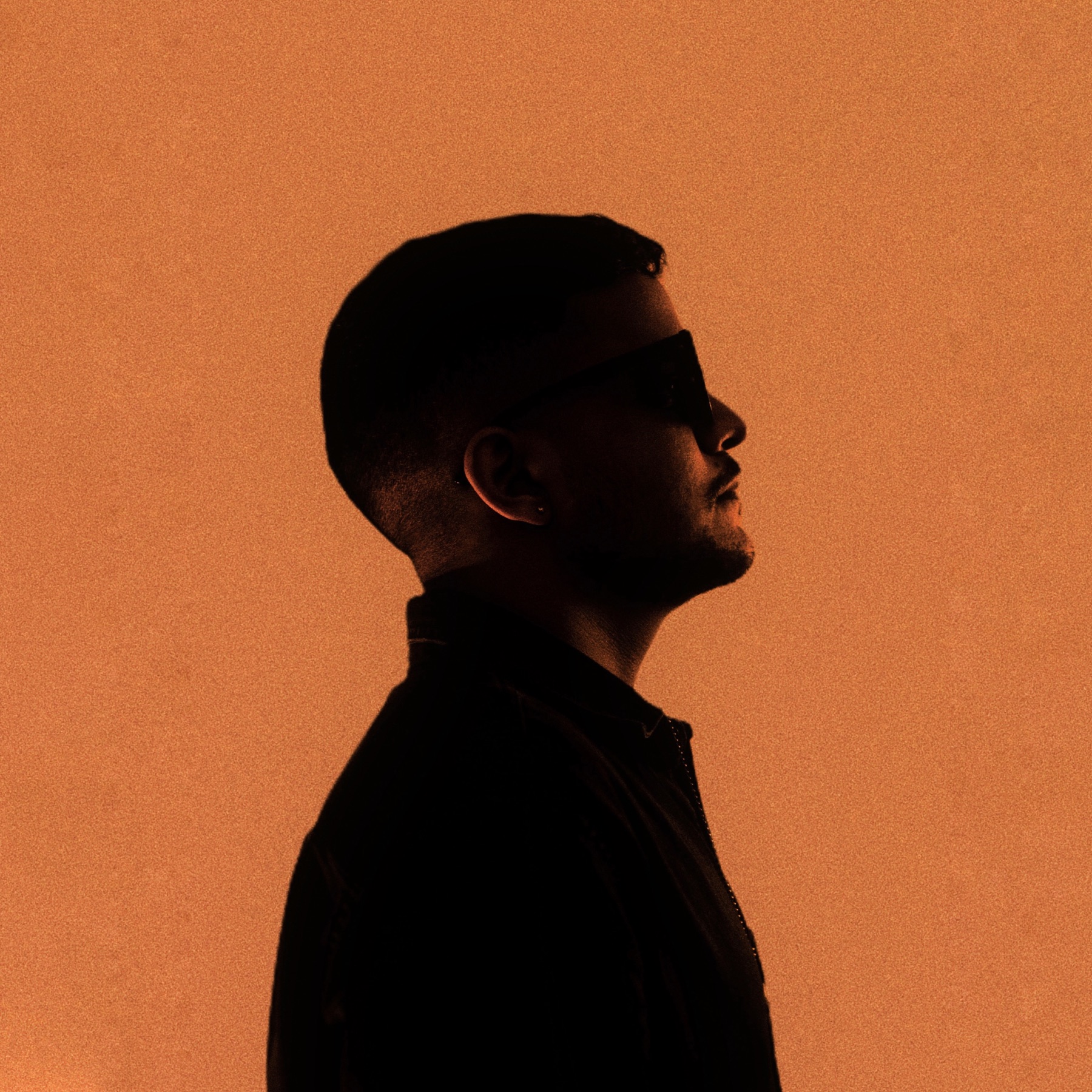 Profile silhouette of AYSH against a burnt orange background