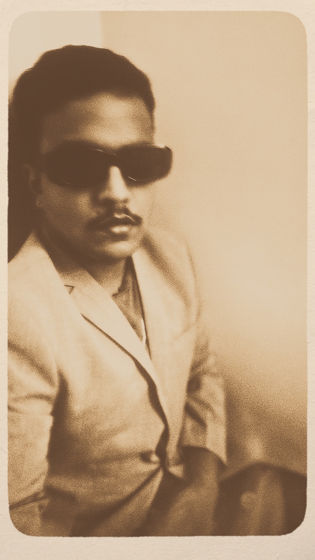 Sepia-toned portrait of AYSH in a blazer and sunglasses