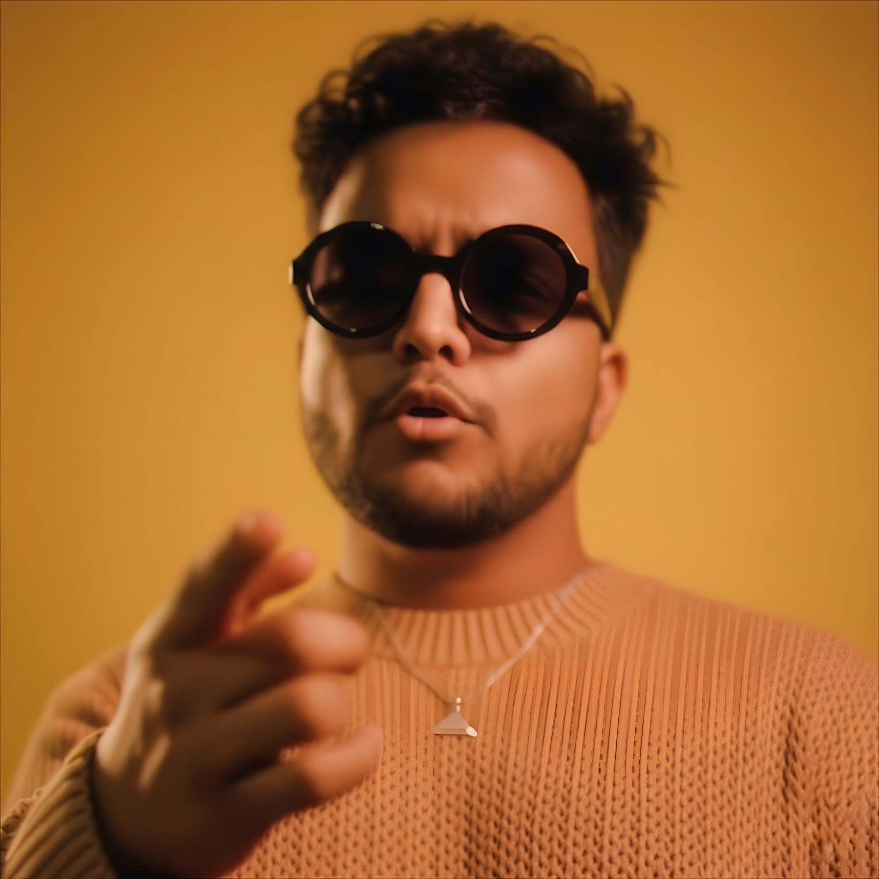 Close portrait of AYSH in sunglasses against an amber background