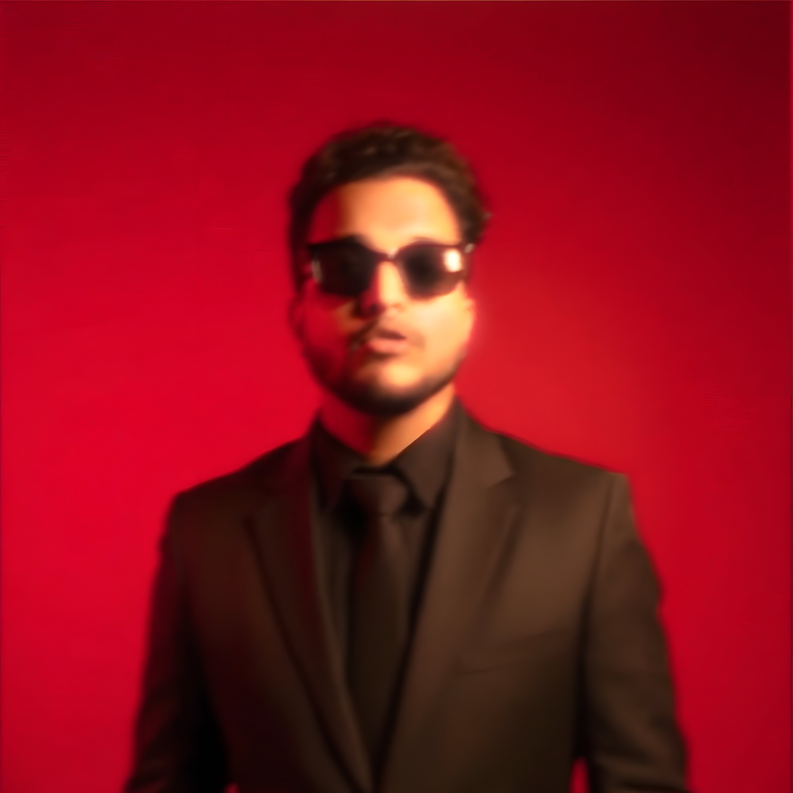 AYSH in a black suit and sunglasses against a deep red background